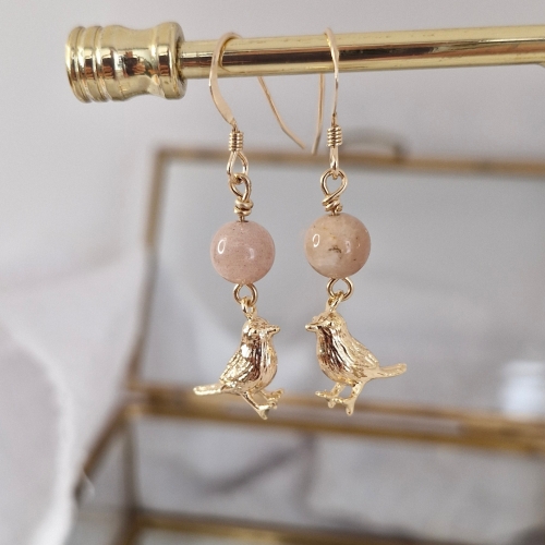 Boucles d'oreille oiseau pierre de lune rose